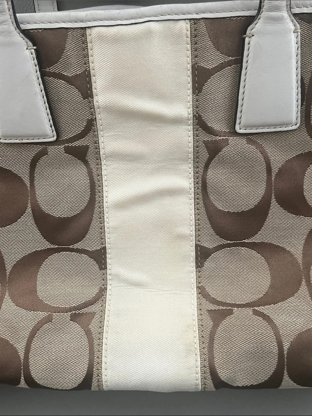Coach Signature Stripe Kisslock Carryall Cream with Leather Trim